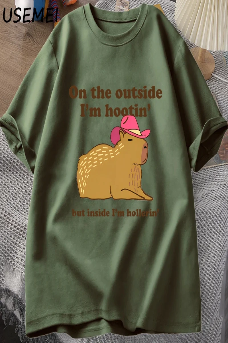 Dışarıda ben Hootin Capybara tişörtleri adam batı ruh sağlığı T-Shirt kovboy Cowgirl komik Me 3074