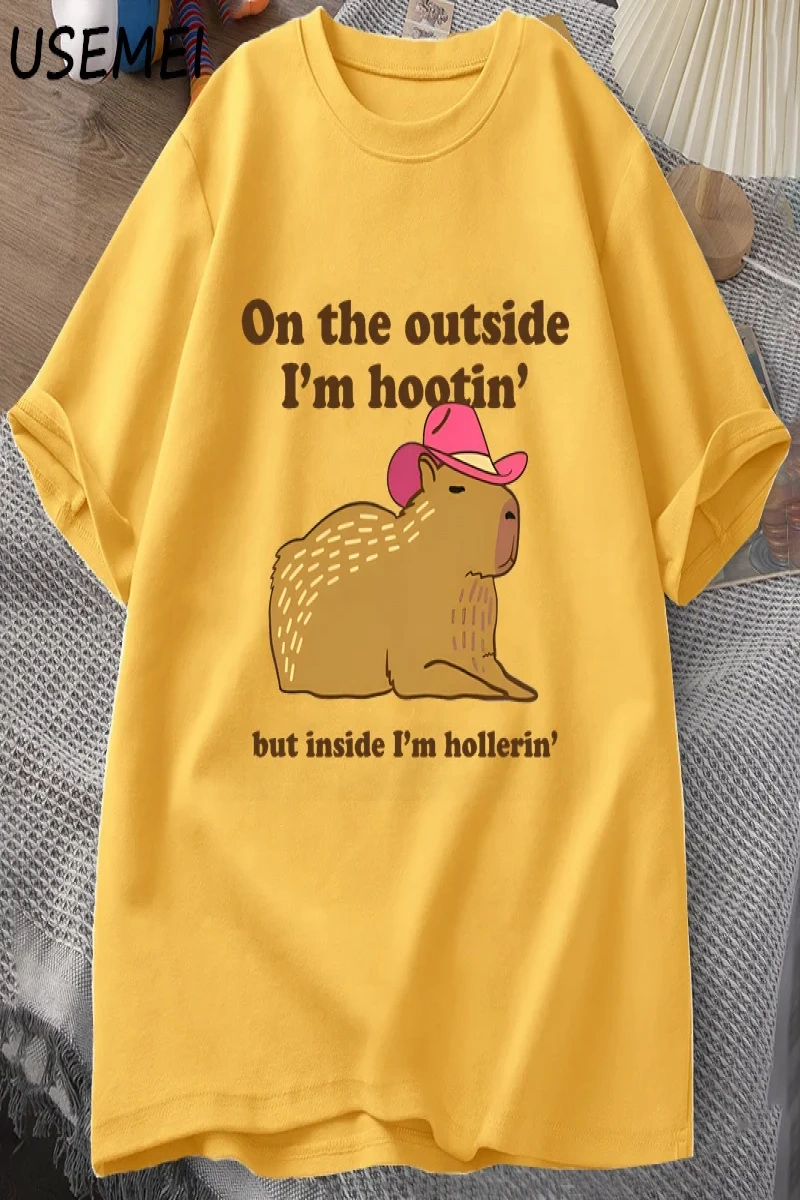 Dışarıda ben Hootin Capybara tişörtleri adam batı ruh sağlığı T-Shirt kovboy Cowgirl komik Me 3074