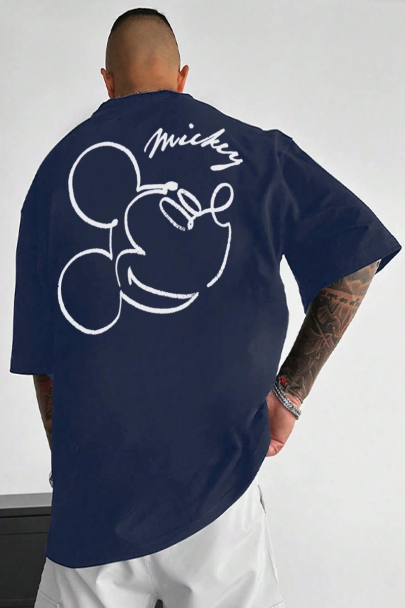 Disney Disney Collab Mickey Mouse Casual Karikatür Baskılı Kısa Kollu Tişört Erkekler İçin, Y