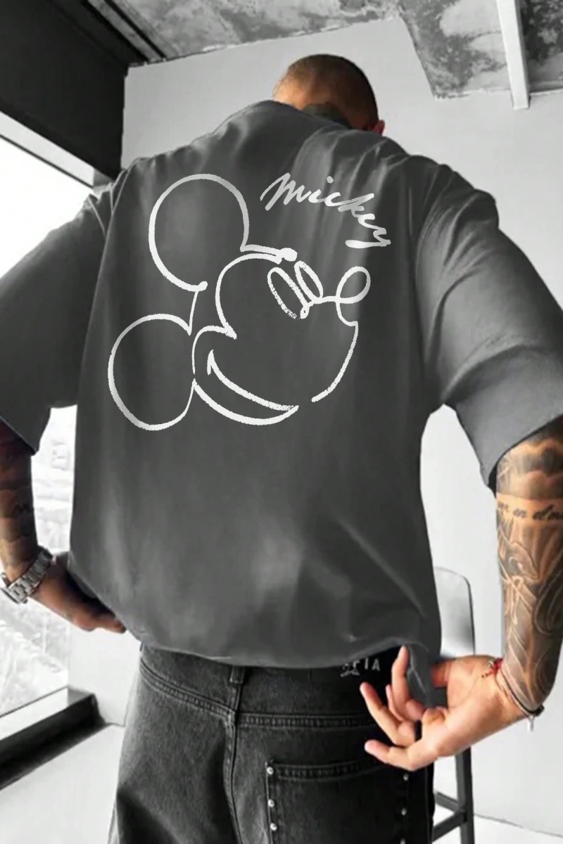 Disney Disney Collab Mickey Mouse Casual Karikatür Baskılı Kısa Kollu Tişört Erkekler İçin, Y