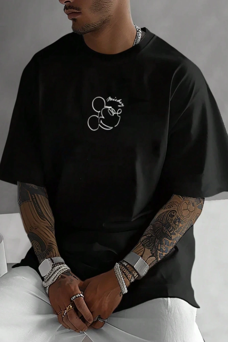 Disney Disney Collab Mickey Mouse Casual Karikatür Baskılı Kısa Kollu Tişört Erkekler İçin, Y