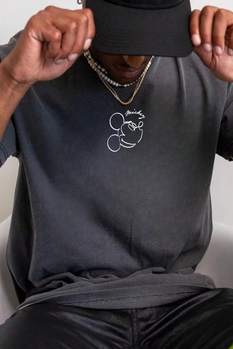 Disney Disney Collab Mickey Mouse Casual Karikatür Baskılı Kısa Kollu Tişört Erkekler İçin, Y