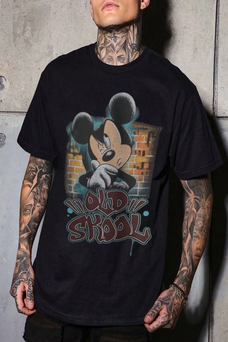Disney Disney İşbirliği Mickey Mouse Erkek Rahat Karikatür Baskılı Kısa Kollu Tişört, Yaz