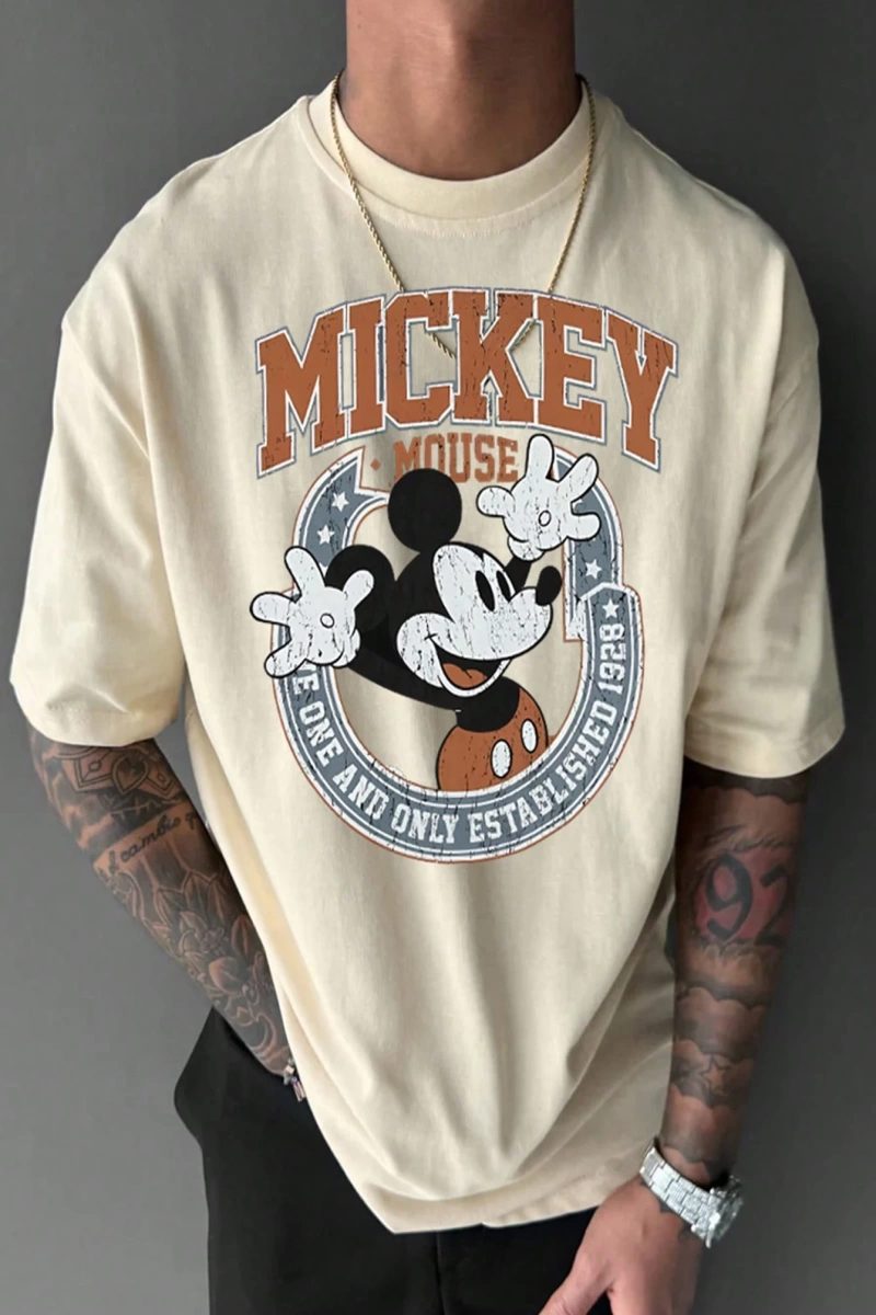 Disney Disney İşbirliği Mickey Mouse Erkek Rahat Karikatür Baskılı Kısa Kollu Tişört, Yaz