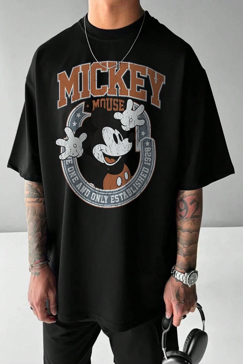 Disney Disney İşbirliği Mickey Mouse Erkek Rahat Karikatür Baskılı Kısa Kollu Tişört, Yaz