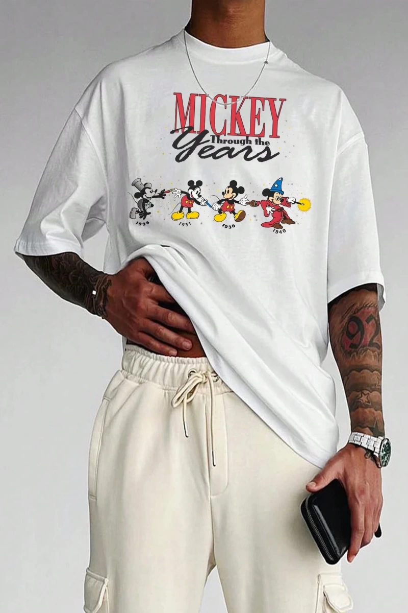 Disney Disney İşbirliği Mickey Mouse Erkek Rahat Karikatür Baskılı Kısa Kollu Tişört, Yaz