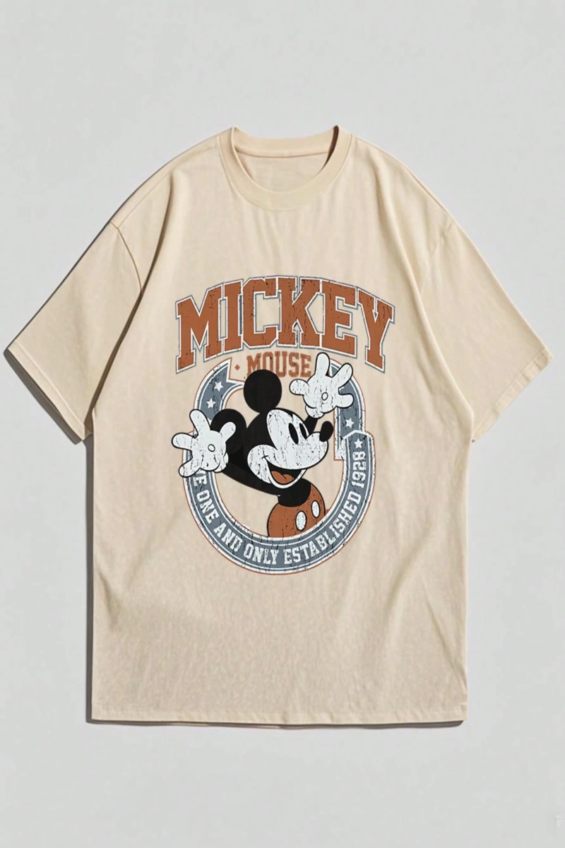 Disney Disney İşbirliği Mickey Mouse Erkek Rahat Karikatür Baskılı Kısa Kollu Tişört, Yaz