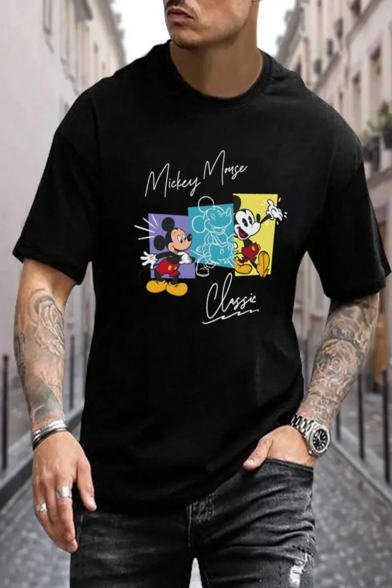 Disney Disney İşbirliği Mickey Mouse Erkek Rahat Karikatür Baskılı Kısa Kollu Tişört, Yaz