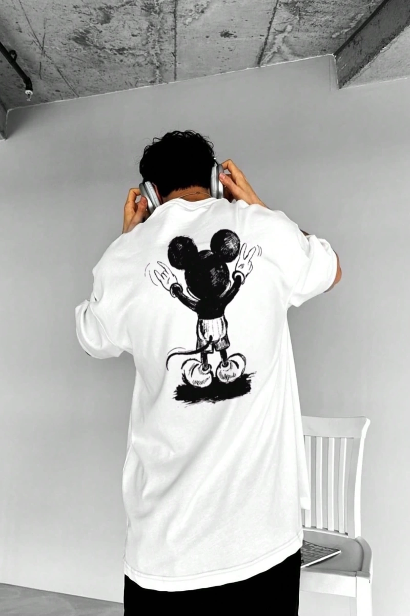 Disney Disney İşbirliği Mickey Mouse Erkek Rahat Karikatür Baskılı Kısa Kollu Tişört, Yaz