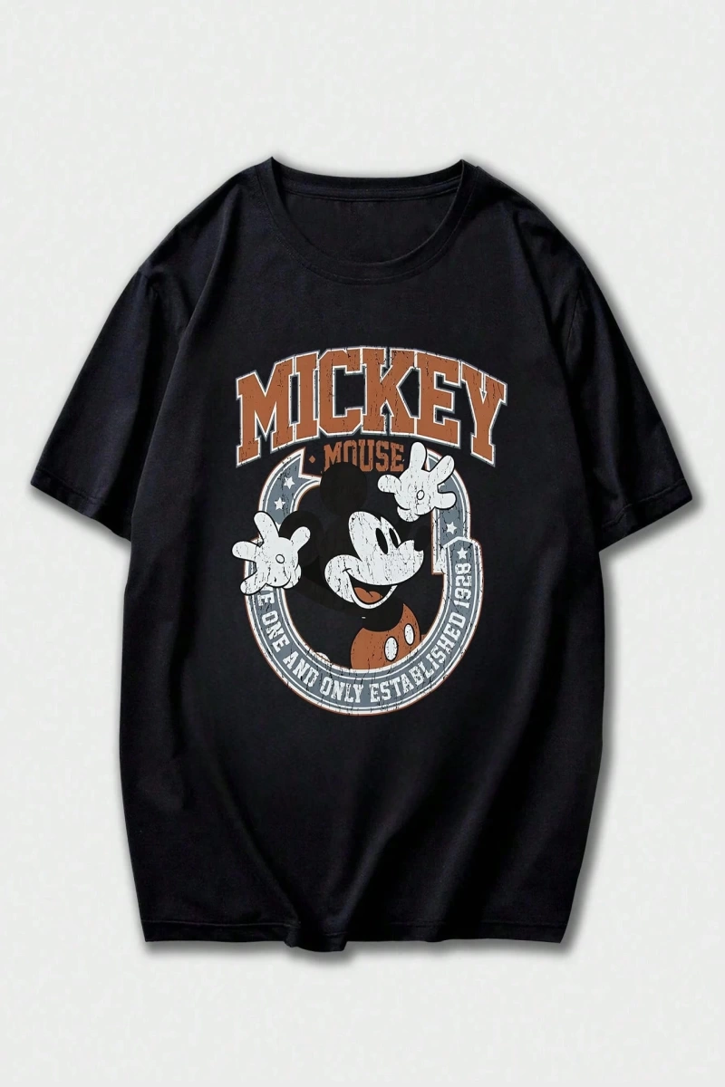 Disney Disney İşbirliği Mickey Mouse Erkek Rahat Karikatür Baskılı Kısa Kollu Tişört, Yaz