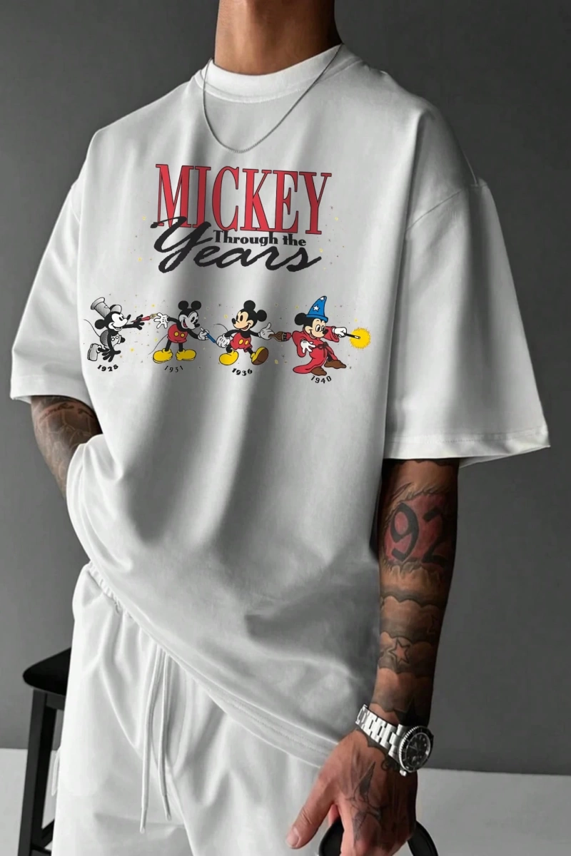 Disney Disney İşbirliği Mickey Mouse Erkek Rahat Karikatür Baskılı Kısa Kollu Tişört, Yaz