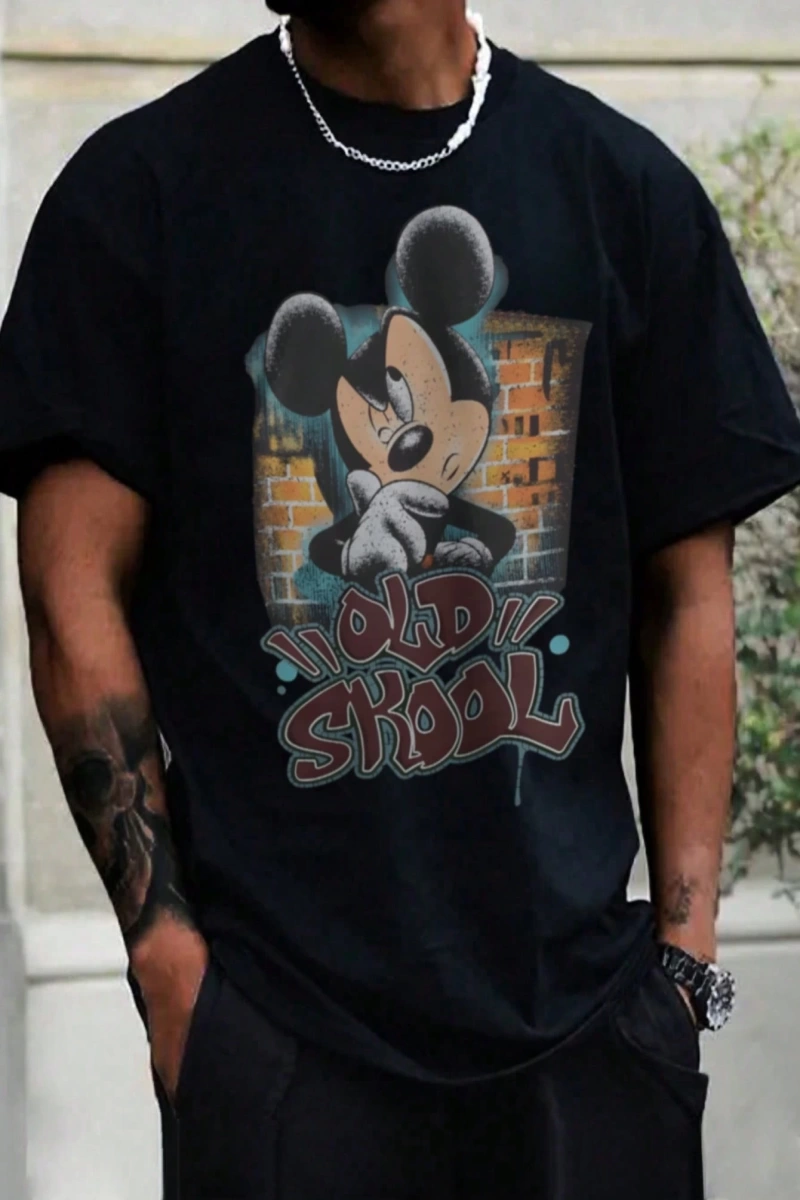 Disney Disney İşbirliği Mickey Mouse Erkek Rahat Karikatür Baskılı Kısa Kollu Tişört, Yaz