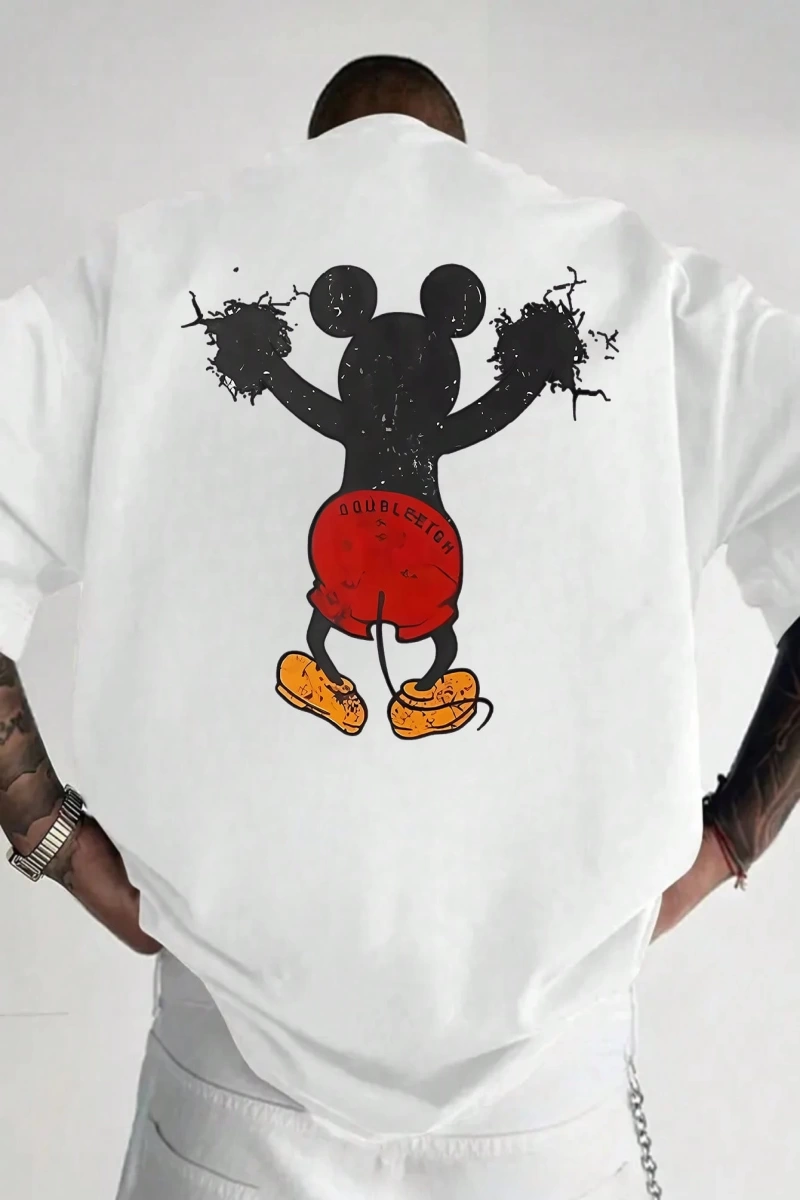 Disney Disney İşbirliği Mickey Mouse Erkek Rahat Karikatür Baskılı Kısa Kollu Tişört, Yaz
