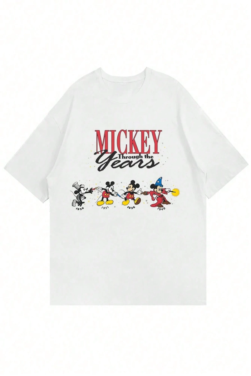 Disney Disney İşbirliği Mickey Mouse Erkek Rahat Karikatür Baskılı Kısa Kollu Tişört, Yaz