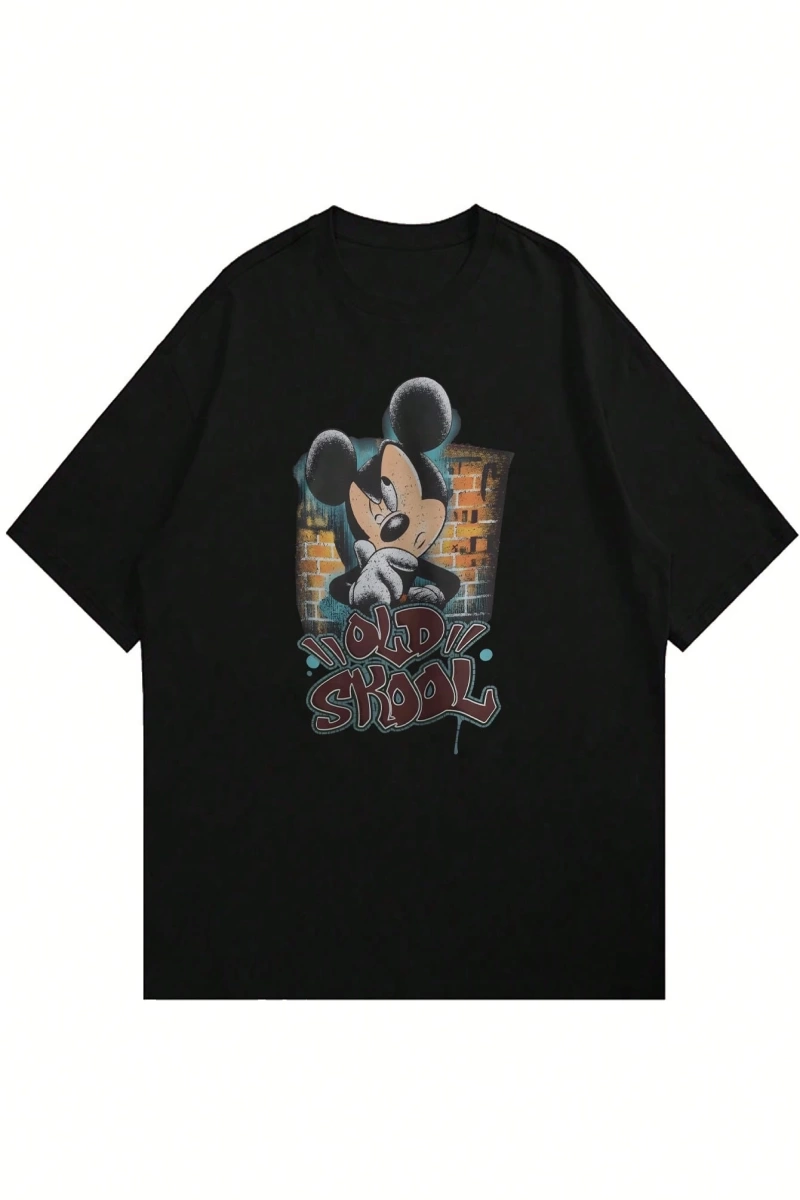 Disney Disney İşbirliği Mickey Mouse Erkek Rahat Karikatür Baskılı Kısa Kollu Tişört, Yaz
