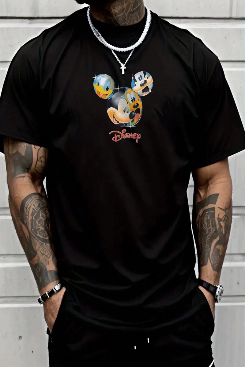 Disney Disney İşbirliği Mickey Mouse Erkek Yaz Rahat Karikatür Baskılı Kısa Kollu Tişört