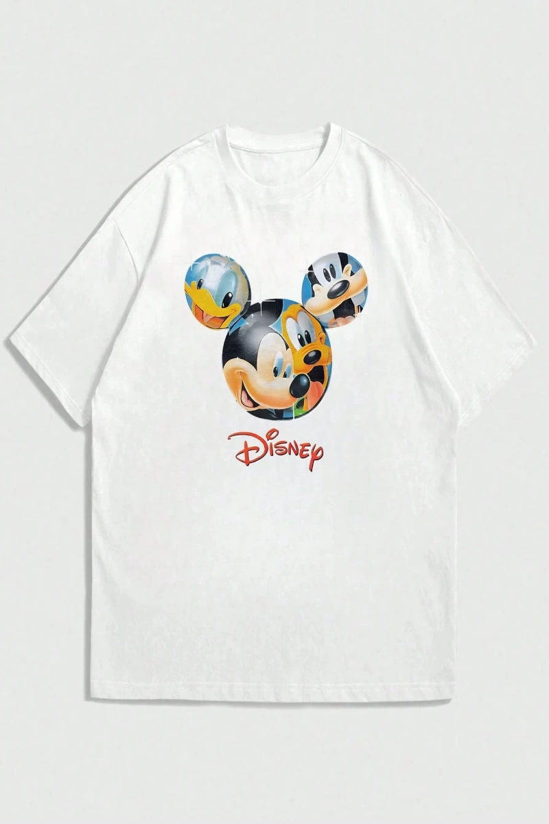 Disney Disney İşbirliği Mickey Mouse Erkek Yaz Rahat Karikatür Baskılı Kısa Kollu Tişört