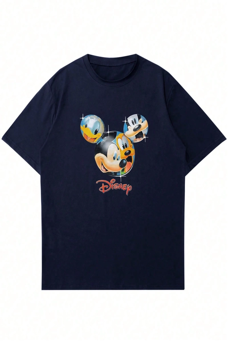 Disney Disney İşbirliği Mickey Mouse Erkek Yaz Rahat Karikatür Baskılı Kısa Kollu Tişört