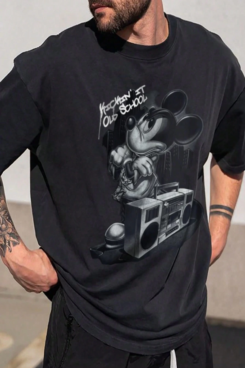Disney Disney İşbirliği Mickey Mouse Karikatür Baskılı Kısa Kollu Tişört Erkekler İçin, Günlü