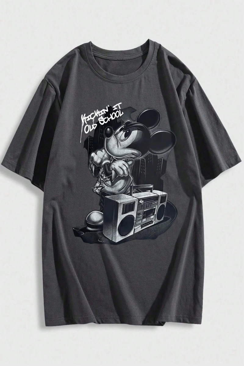 Disney Disney İşbirliği Mickey Mouse Karikatür Baskılı Kısa Kollu Tişört Erkekler İçin, Günlü