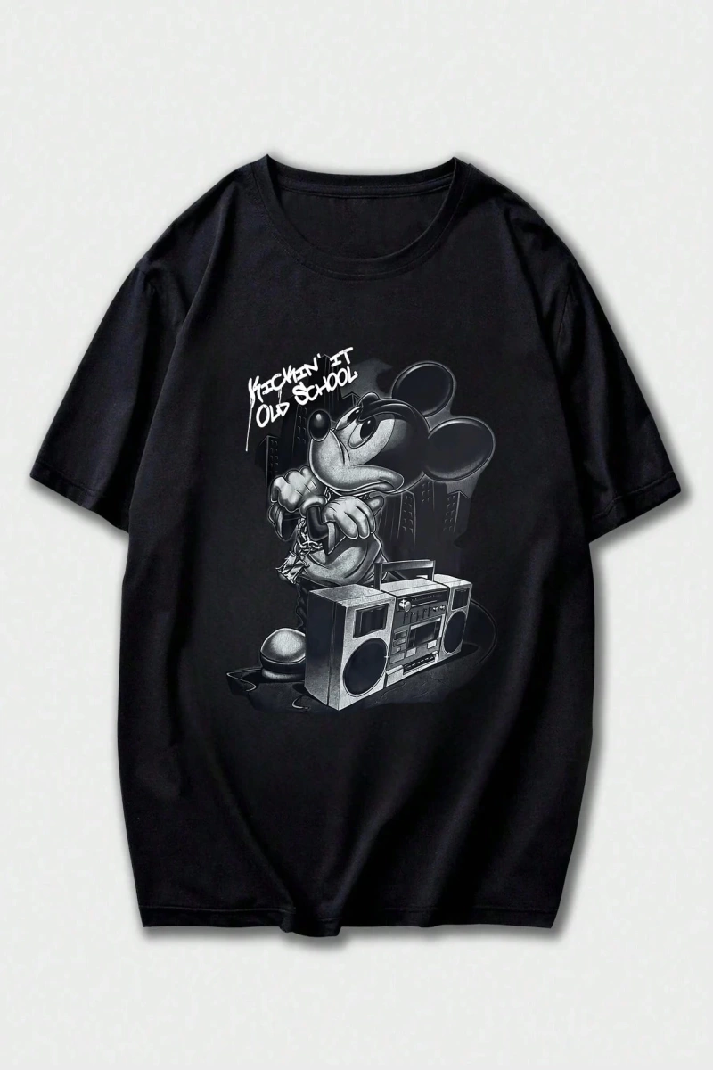 Disney Disney İşbirliği Mickey Mouse Karikatür Baskılı Kısa Kollu Tişört Erkekler İçin, Günlü