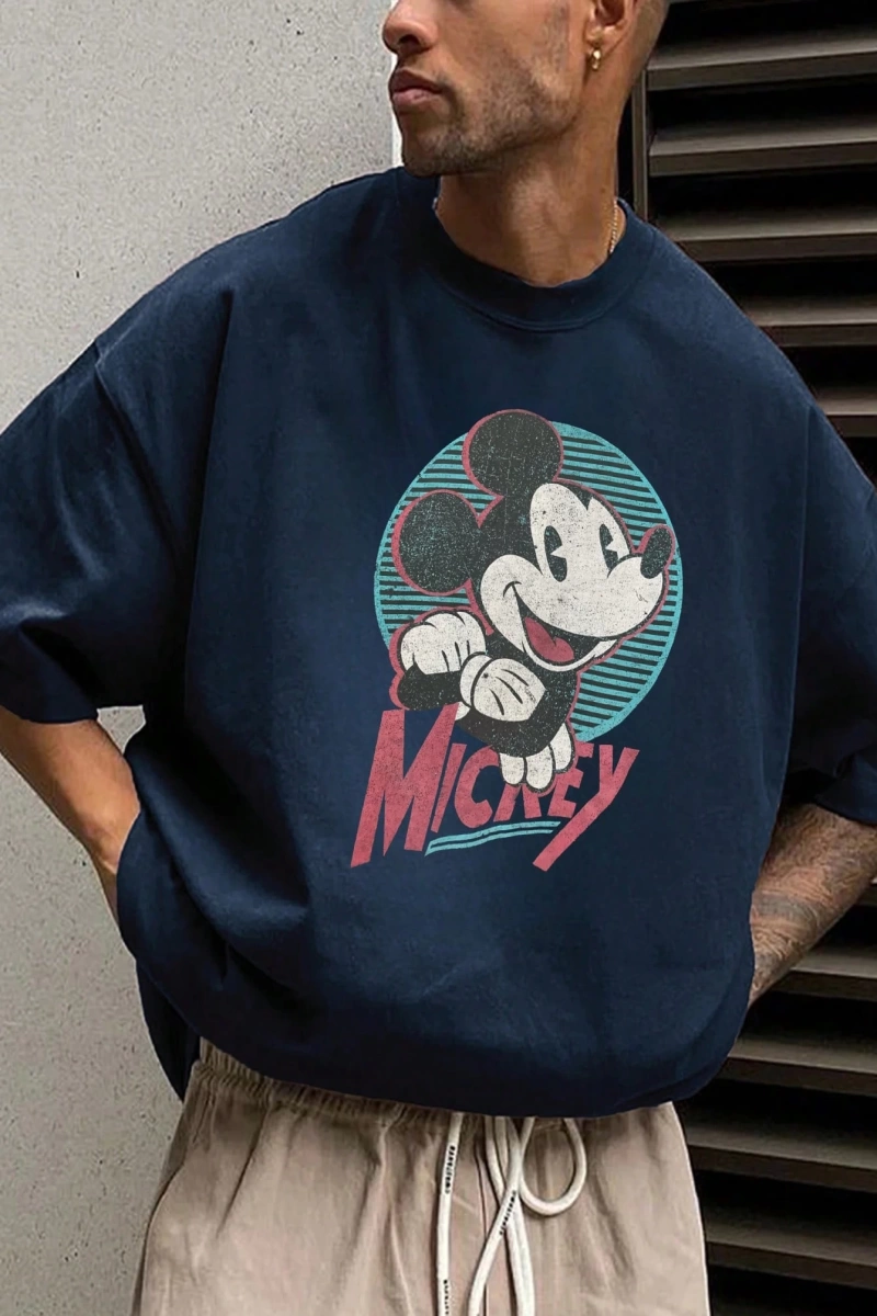 Disney Disney İşbirliği Mickey Mouse Karikatür Baskılı Kısa Kollu Tişört, Erkekler İçin Rahat