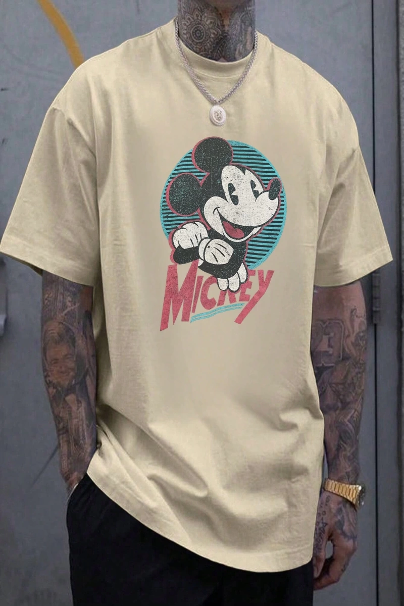 Disney Disney İşbirliği Mickey Mouse Karikatür Baskılı Kısa Kollu Tişört, Erkekler İçin Rahat