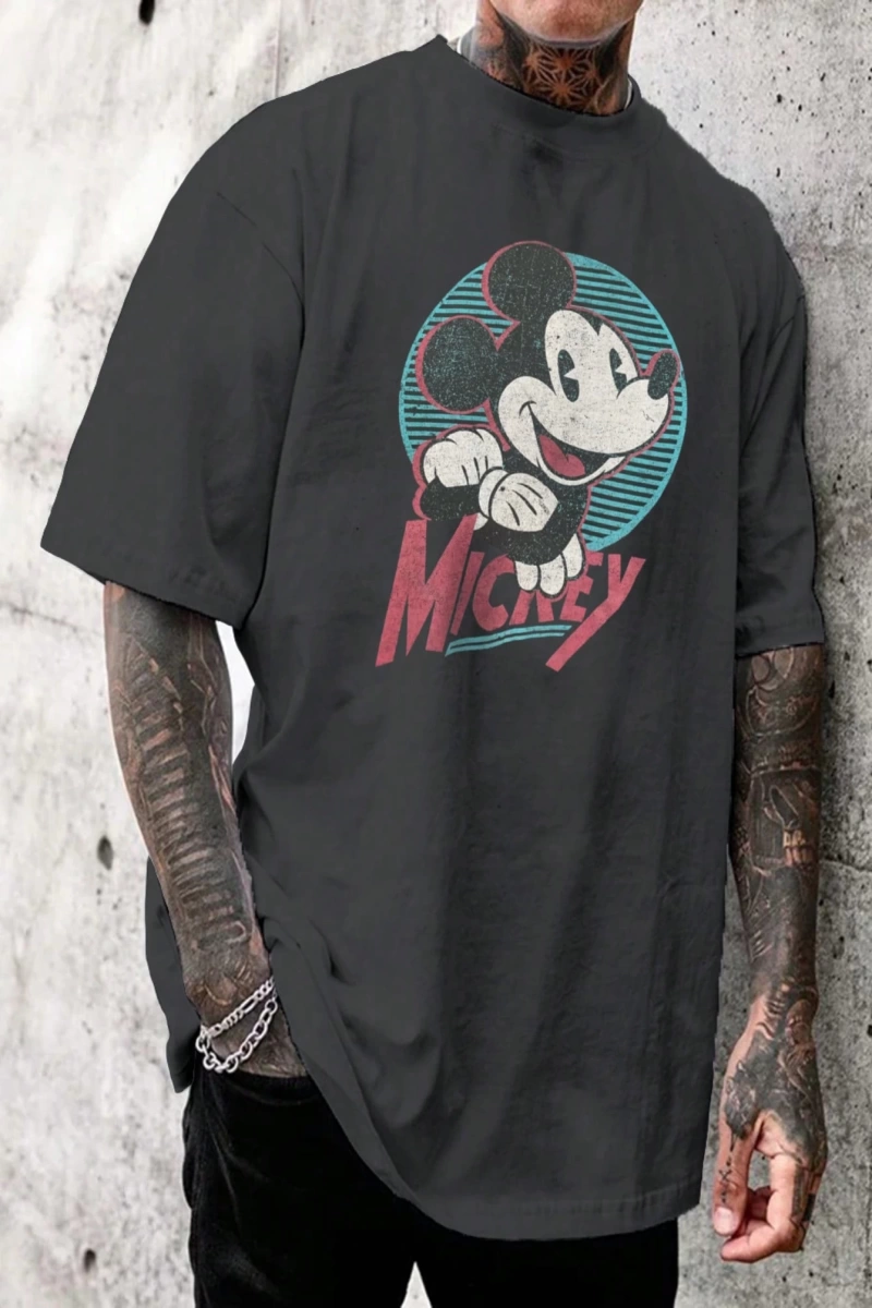 Disney Disney İşbirliği Mickey Mouse Karikatür Baskılı Kısa Kollu Tişört, Erkekler İçin Rahat