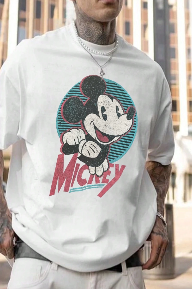 Disney Disney İşbirliği Mickey Mouse Karikatür Baskılı Kısa Kollu Tişört, Erkekler İçin Rahat