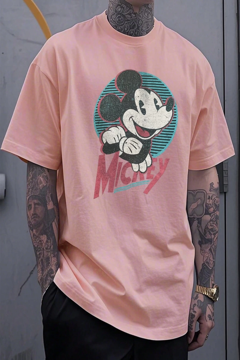 Disney Disney İşbirliği Mickey Mouse Karikatür Baskılı Kısa Kollu Tişört, Erkekler İçin Rahat