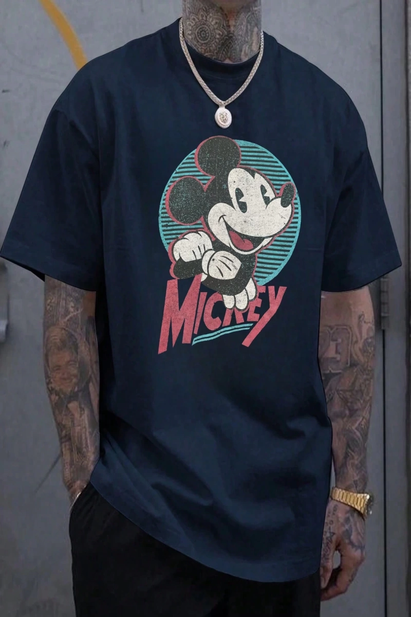 Disney Disney İşbirliği Mickey Mouse Karikatür Baskılı Kısa Kollu Tişört, Erkekler İçin Rahat