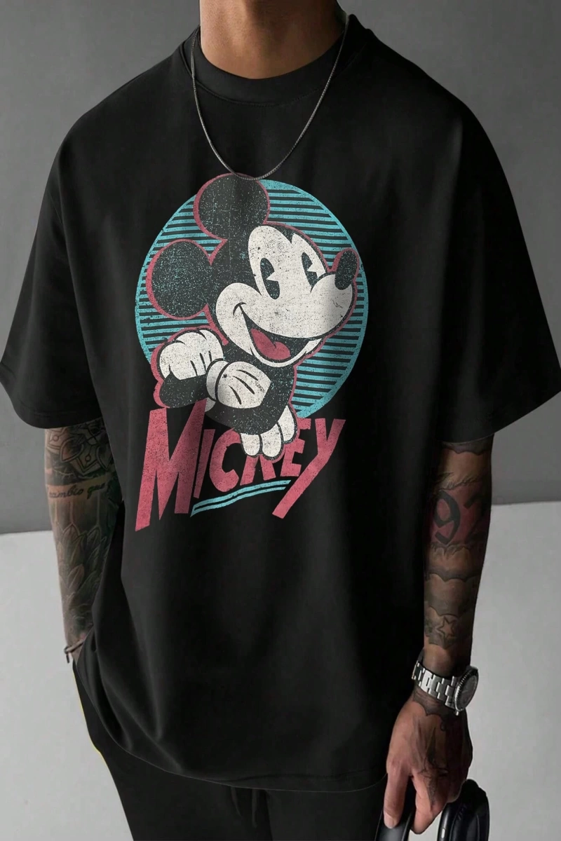 Disney Disney İşbirliği Mickey Mouse Karikatür Baskılı Kısa Kollu Tişört, Erkekler İçin Rahat