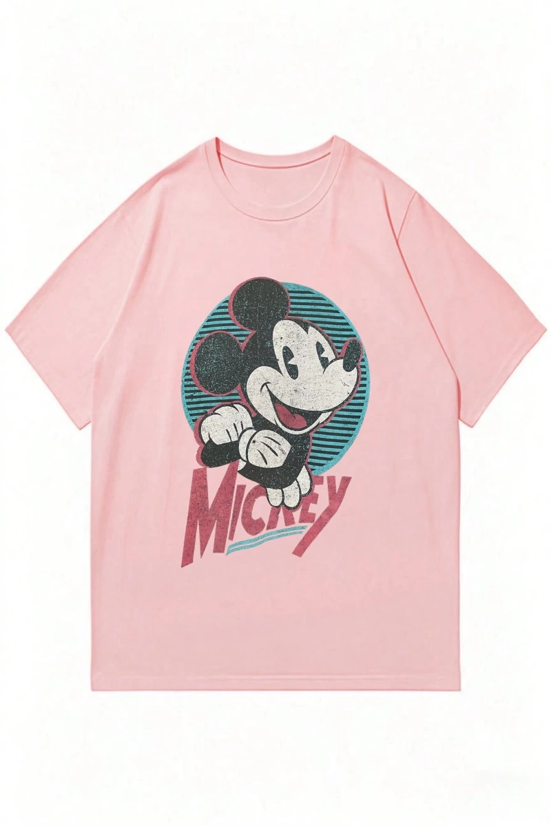Disney Disney İşbirliği Mickey Mouse Karikatür Baskılı Kısa Kollu Tişört, Erkekler İçin Rahat