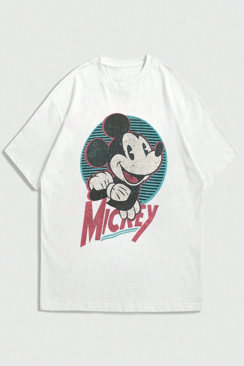 Disney Disney İşbirliği Mickey Mouse Karikatür Baskılı Kısa Kollu Tişört, Erkekler İçin Rahat
