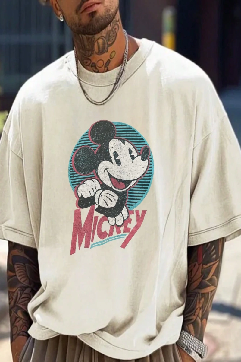 Disney Disney İşbirliği Mickey Mouse Karikatür Baskılı Kısa Kollu Tişört, Erkekler İçin Rahat