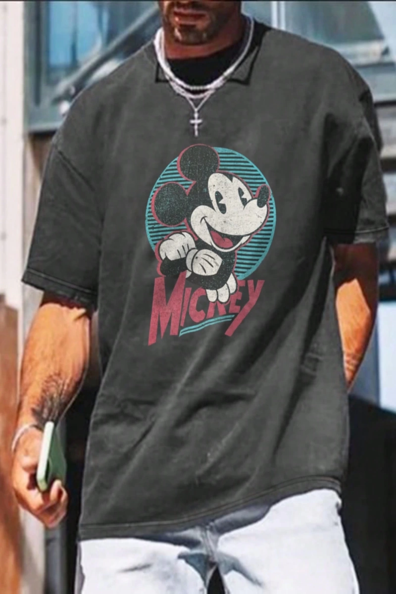 Disney Disney İşbirliği Mickey Mouse Karikatür Baskılı Kısa Kollu Tişört, Erkekler İçin Rahat