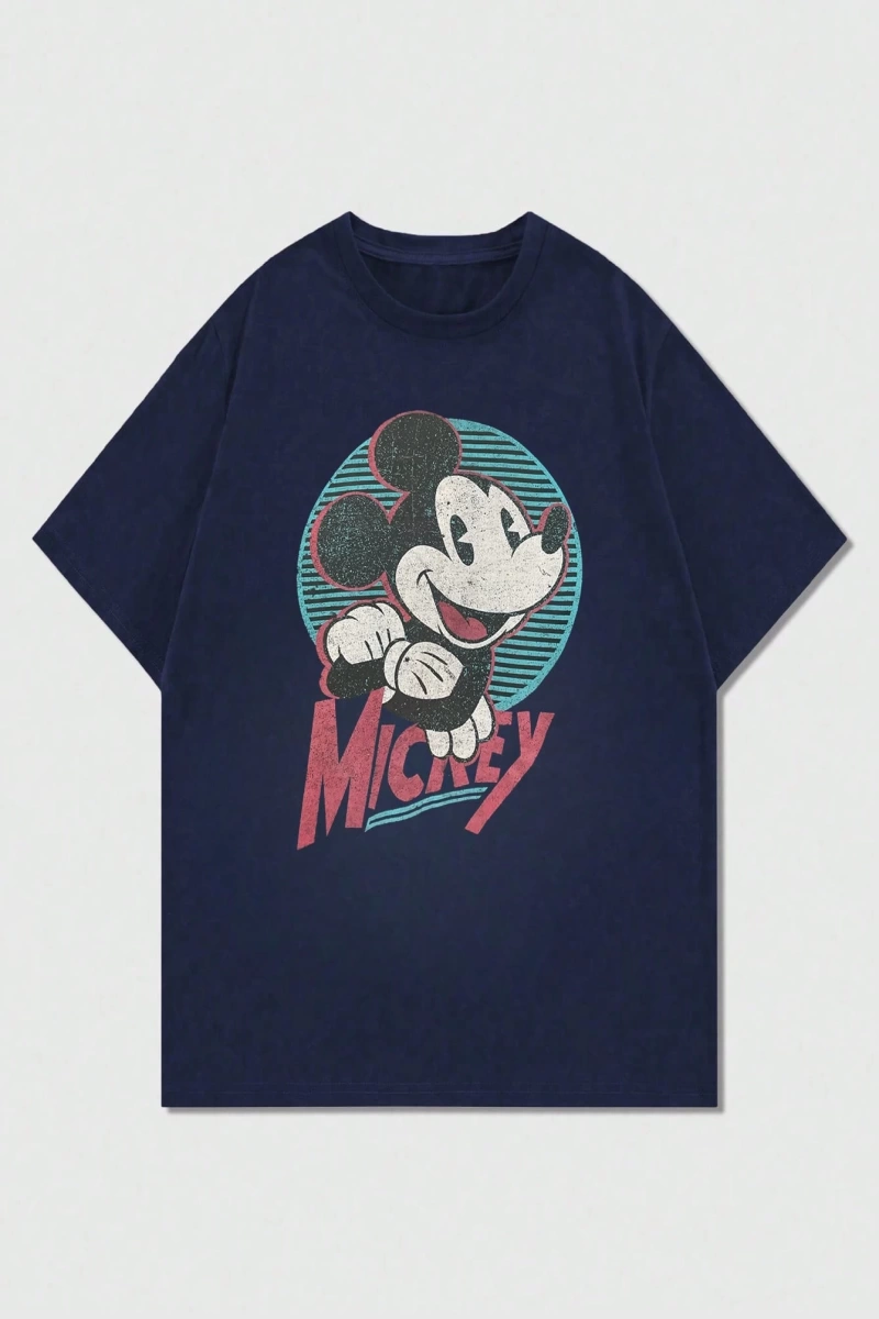 Disney Disney İşbirliği Mickey Mouse Karikatür Baskılı Kısa Kollu Tişört, Erkekler İçin Rahat