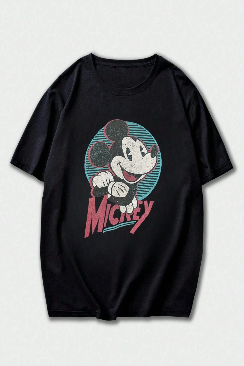 Disney Disney İşbirliği Mickey Mouse Karikatür Baskılı Kısa Kollu Tişört, Erkekler İçin Rahat