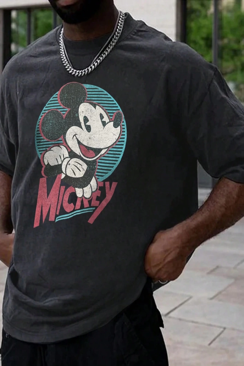 Disney Disney İşbirliği Mickey Mouse Karikatür Baskılı Kısa Kollu Tişört, Erkekler İçin Rahat