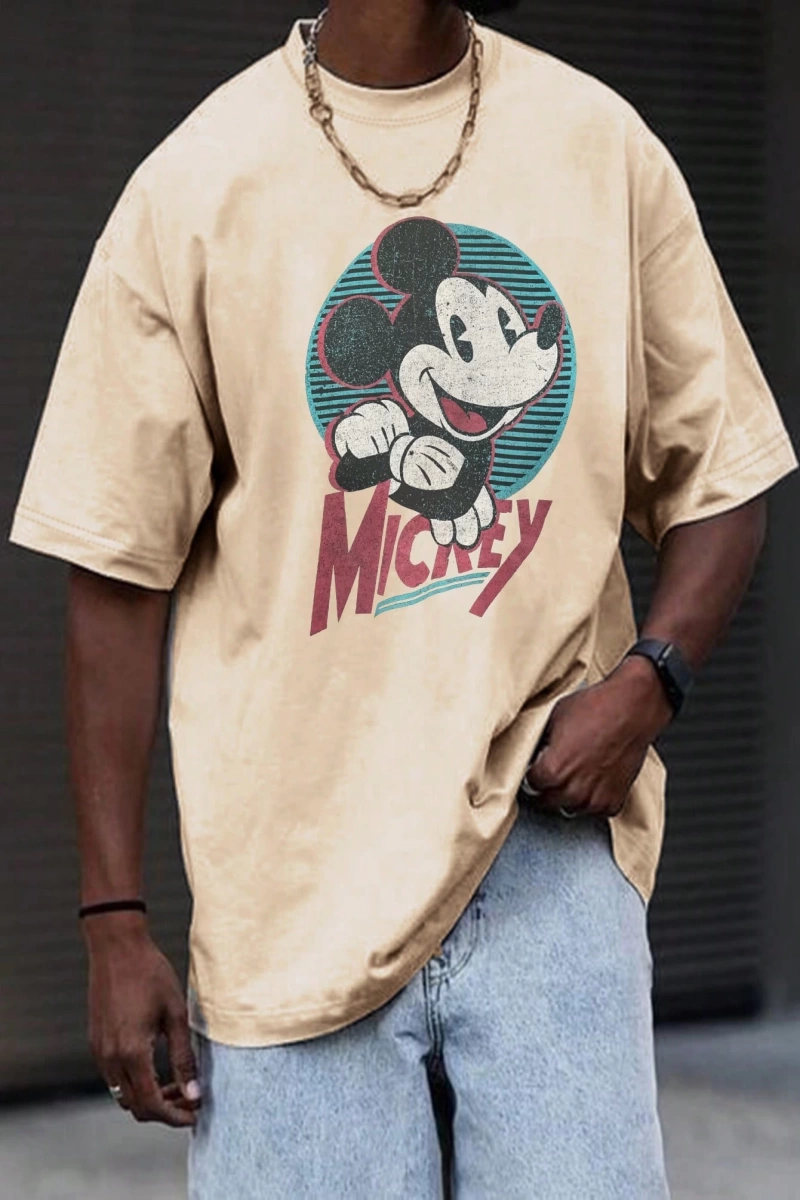 Disney Disney İşbirliği Mickey Mouse Karikatür Baskılı Kısa Kollu Tişört, Erkekler İçin Rahat