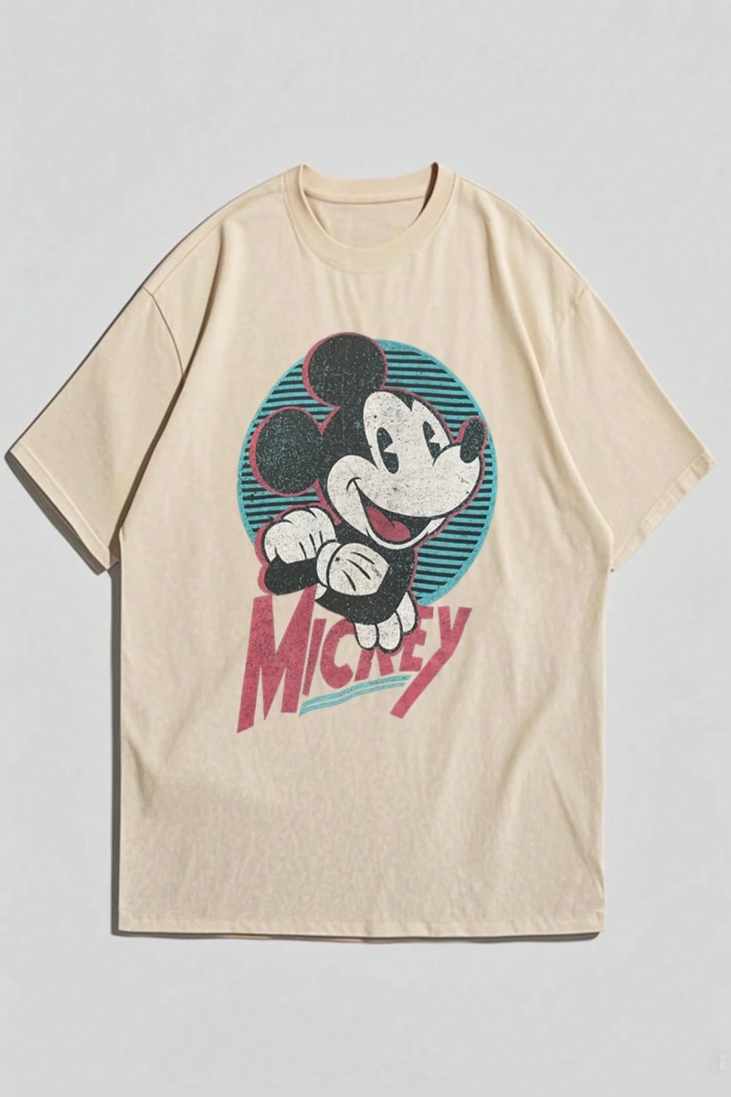 Disney Disney İşbirliği Mickey Mouse Karikatür Baskılı Kısa Kollu Tişört, Erkekler İçin Rahat
