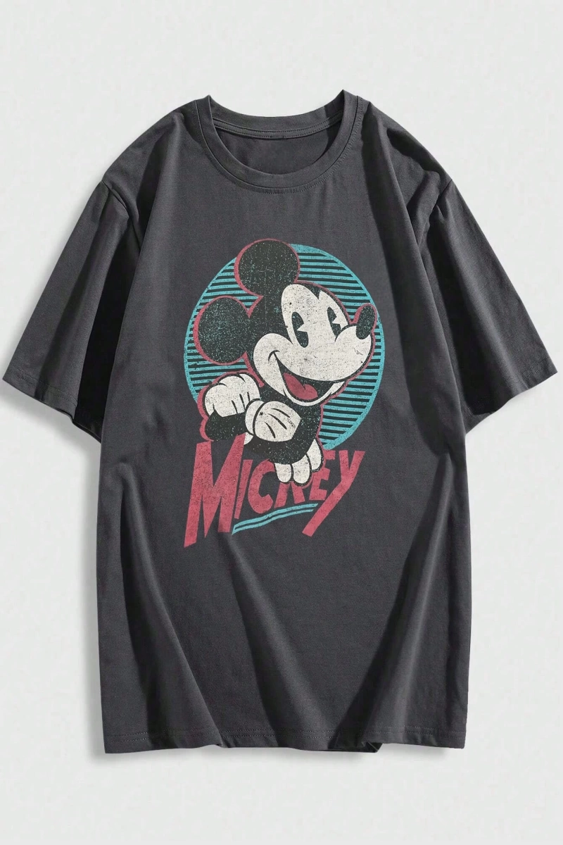 Disney Disney İşbirliği Mickey Mouse Karikatür Baskılı Kısa Kollu Tişört, Erkekler İçin Rahat