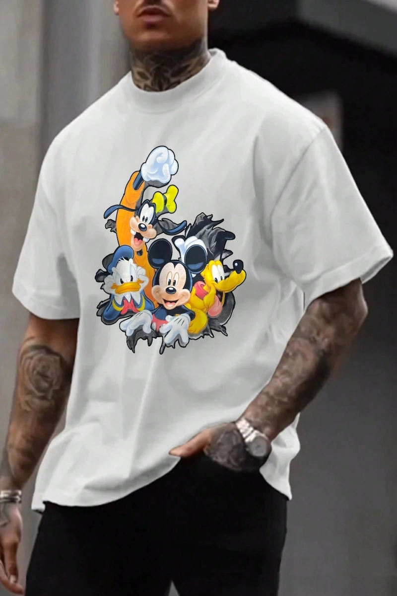 Disney Disney İşbirliği Mickey Mouse Rahat Karikatür Baskılı Kısa Kollu Tişört Erkekler İçin,