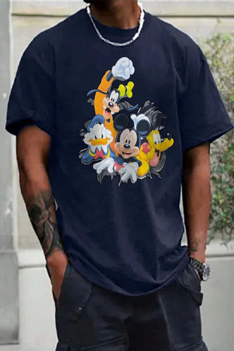 Disney Disney İşbirliği Mickey Mouse Rahat Karikatür Baskılı Kısa Kollu Tişört Erkekler İçin,