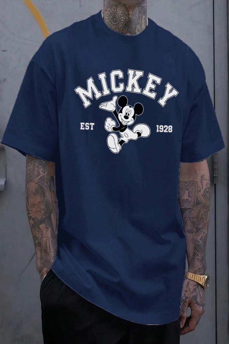 Disney Disney İşbirliği Mickey Mouse Rahat Karikatür Baskılı Kısa Kollu Tişört Erkekler İçin,