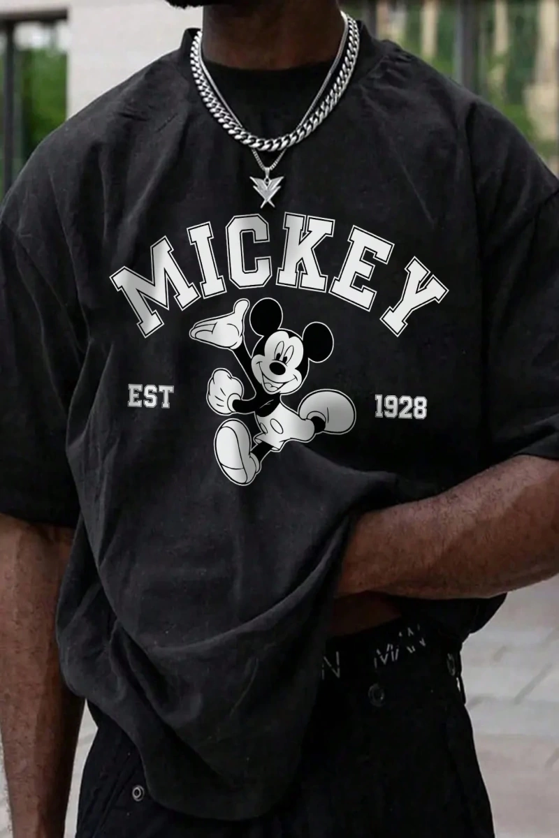 Disney Disney İşbirliği Mickey Mouse Rahat Karikatür Baskılı Kısa Kollu Tişört Erkekler İçin,