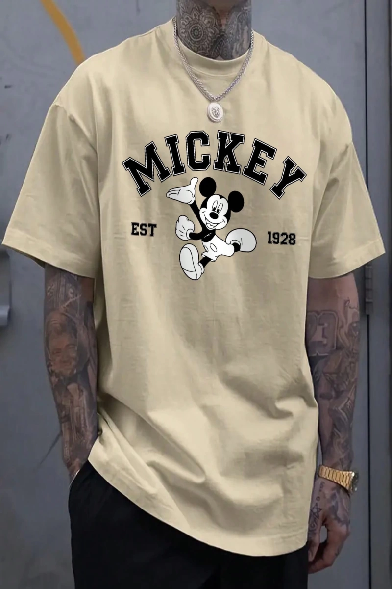 Disney Disney İşbirliği Mickey Mouse Rahat Karikatür Baskılı Kısa Kollu Tişört Erkekler İçin,