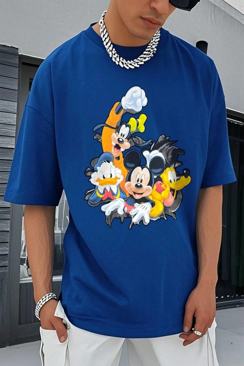 Disney Disney İşbirliği Mickey Mouse Rahat Karikatür Baskılı Kısa Kollu Tişört Erkekler İçin,