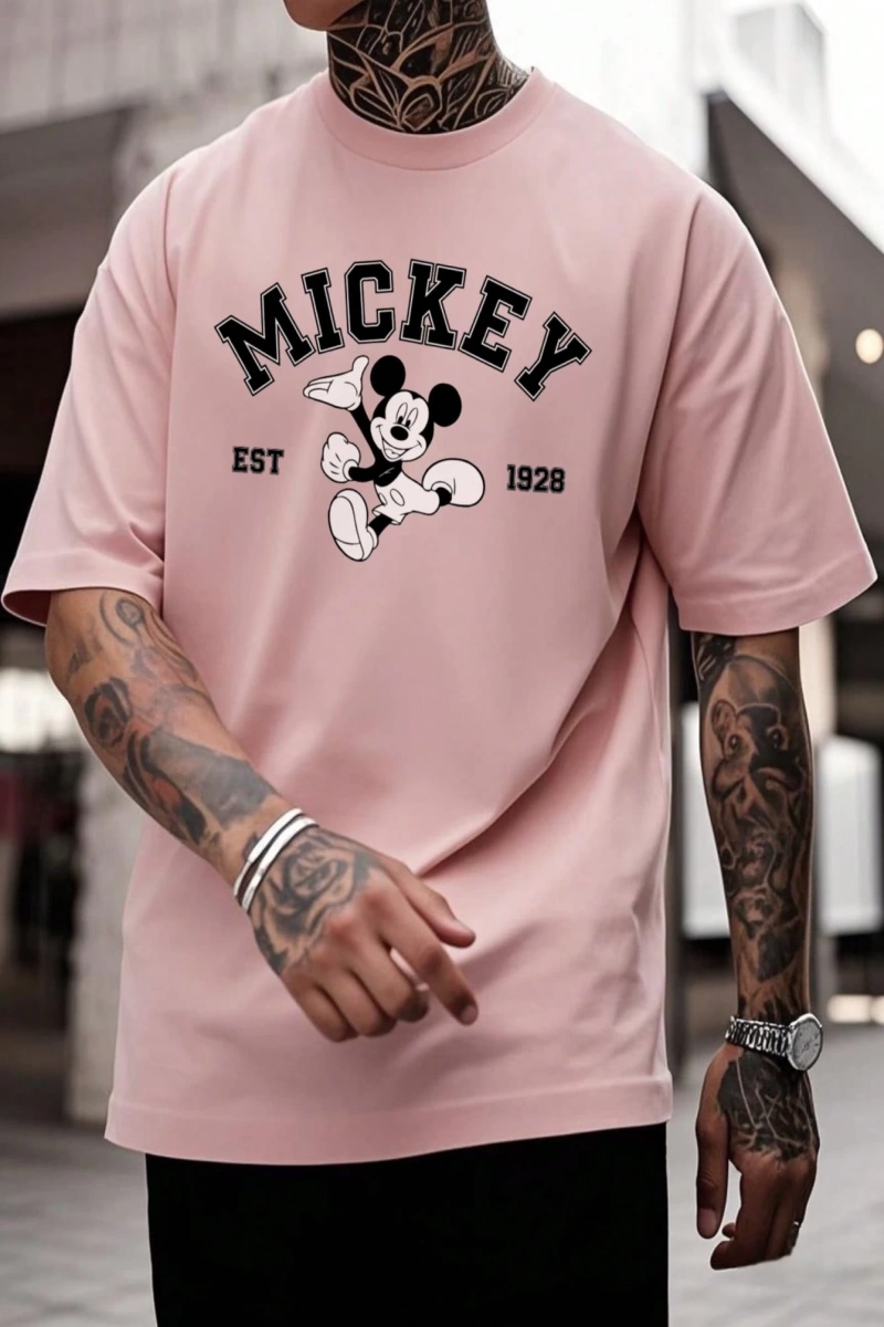 Disney Disney İşbirliği Mickey Mouse Rahat Karikatür Baskılı Kısa Kollu Tişört Erkekler İçin,
