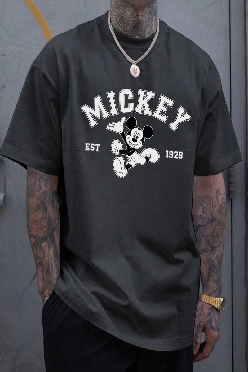 Disney Disney İşbirliği Mickey Mouse Rahat Karikatür Baskılı Kısa Kollu Tişört Erkekler İçin,